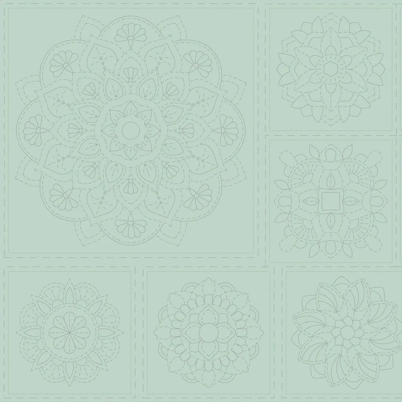 Mandala sashiko-paneeli vaaleanvihreä DV4065, pellava-puuvillasekoite