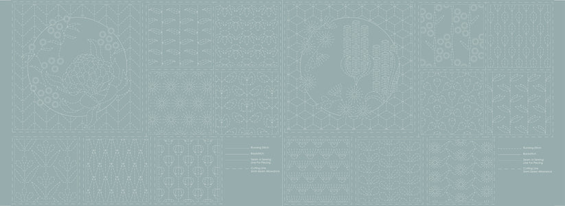 Botanical sashiko-paneeli siniharmaa DV4072, pellava-puuvillasekoite