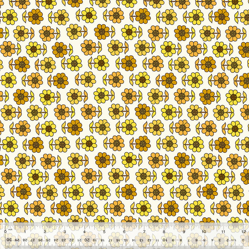 Denyse Schmidt Bonny Daisy Yellow 53641-3 puuvillakangas – keltaiinen kukka-aiheilla kuvioitu kangas tilkkutöihin.