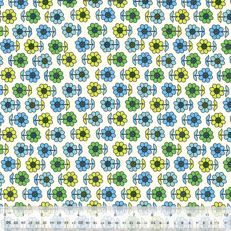 Denyse Schmidt Bonny Daisy Blue 53641-1 puuvillakangas – sinisävyinen kukka-aiheilla kuvioitu kangas tilkkutöihin.
