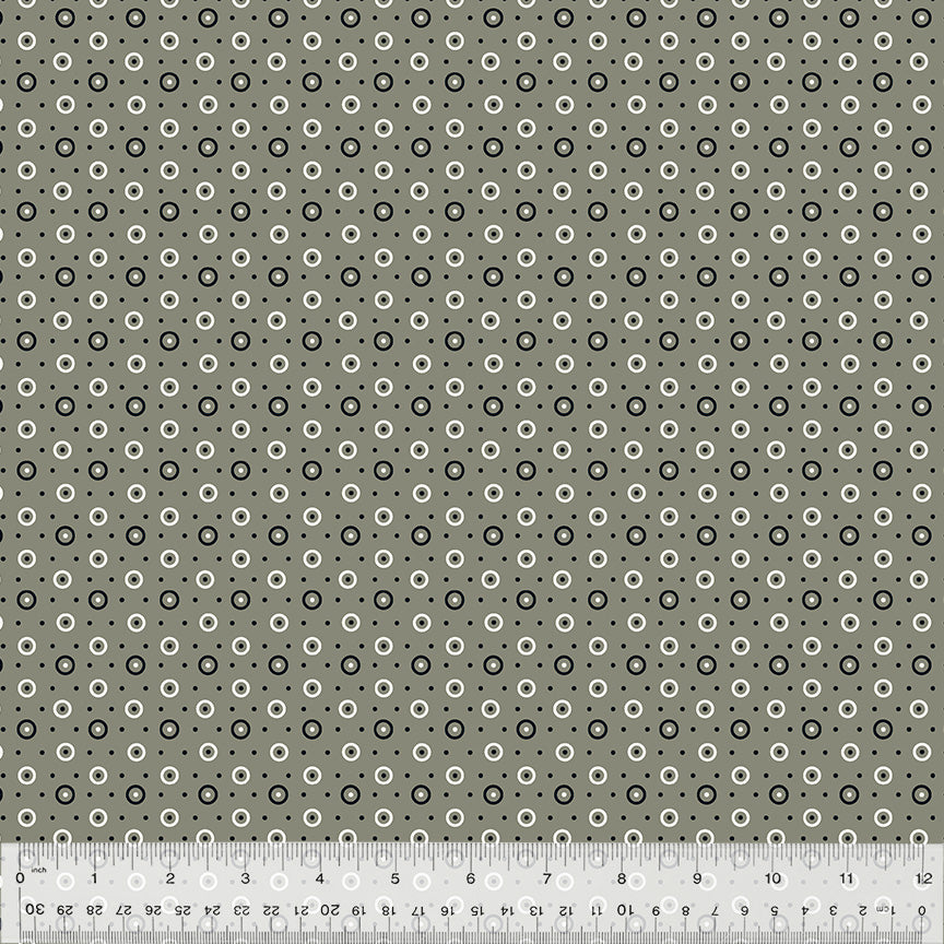 Denyse Schmidt Bonny kokoelman Dot and Circle Grey 53643-6 puuvillakangas – harmaasävyinen geometrisilla ja täpläkuvioitu kangas tilkkutöihin.