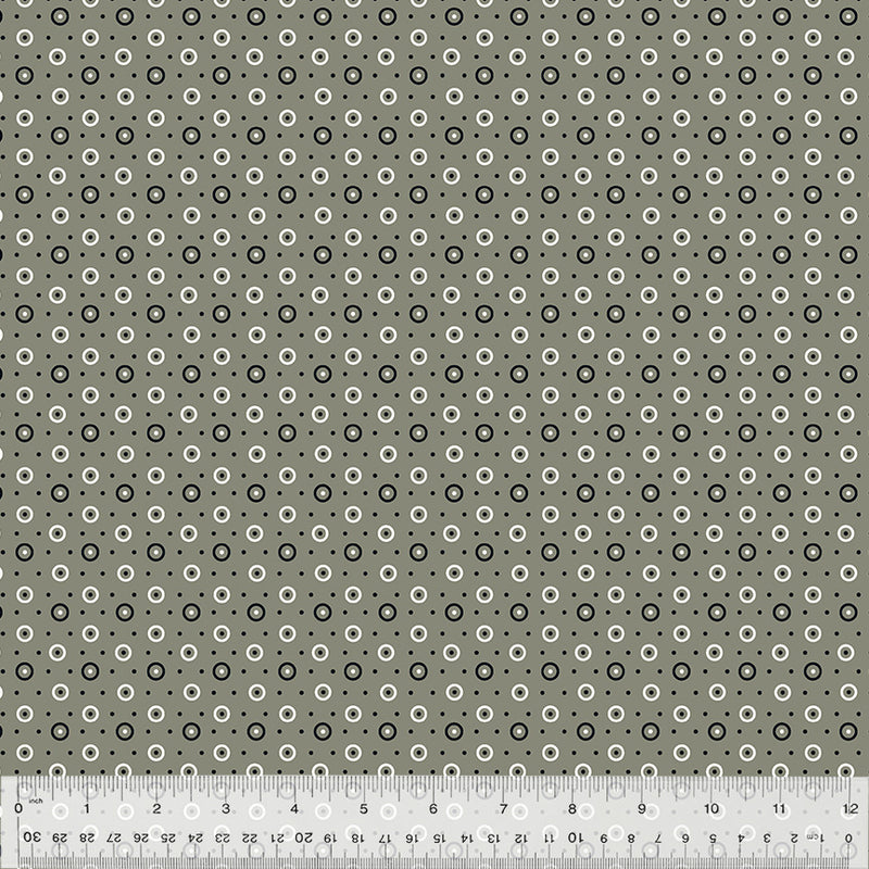 Denyse Schmidt Bonny kokoelman Dot and Circle Grey 53643-6 puuvillakangas – harmaasävyinen geometrisilla ja täpläkuvioitu kangas tilkkutöihin.
