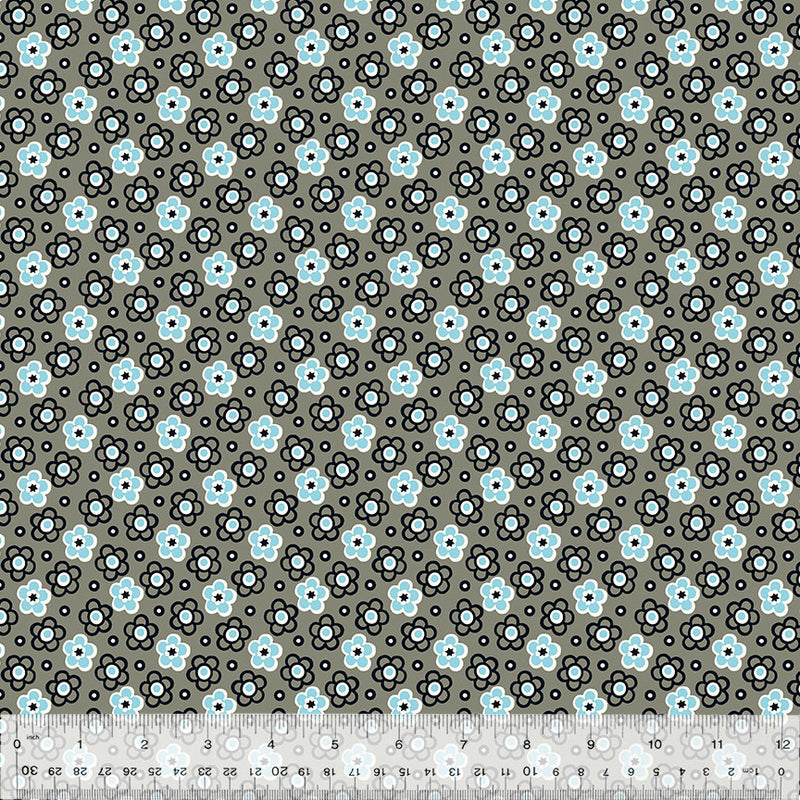 Denyse Schmidtin Bonny kokoelman Shadow Posy Grey 53642-6 puuvillakangas – harmaansävyinen geometrisilla ja kukkakuvioitu kangas tilkkutöihin.