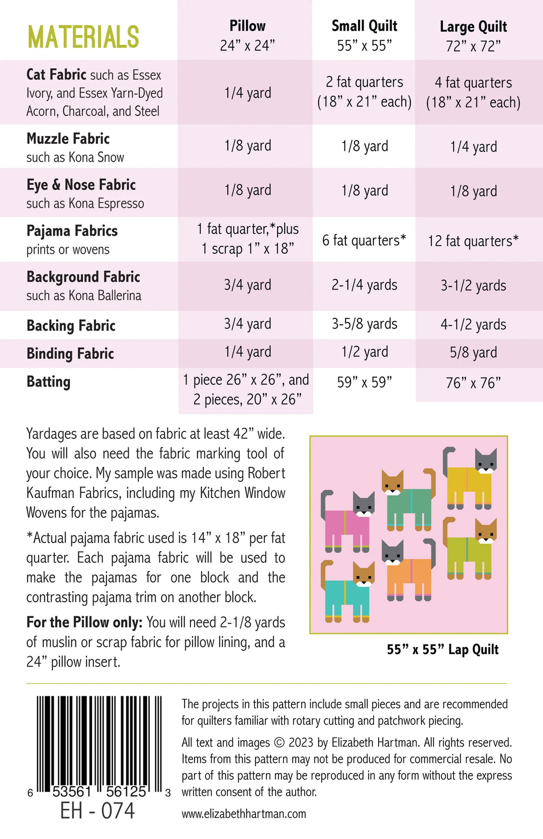 Elizabeth Hartman Cats in Pajamas EH-074 tilkkutyöohje – pyjamapukuisista kissoista ommeltu peitto ja tikkattu tyyny