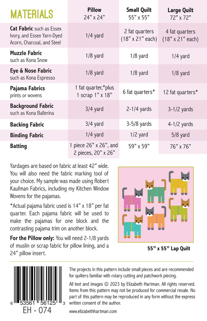 Elizabeth Hartman Cats in Pajamas EH-074 tilkkutyöohje – pyjamapukuisista kissoista ommeltu peitto ja tikkattu tyyny