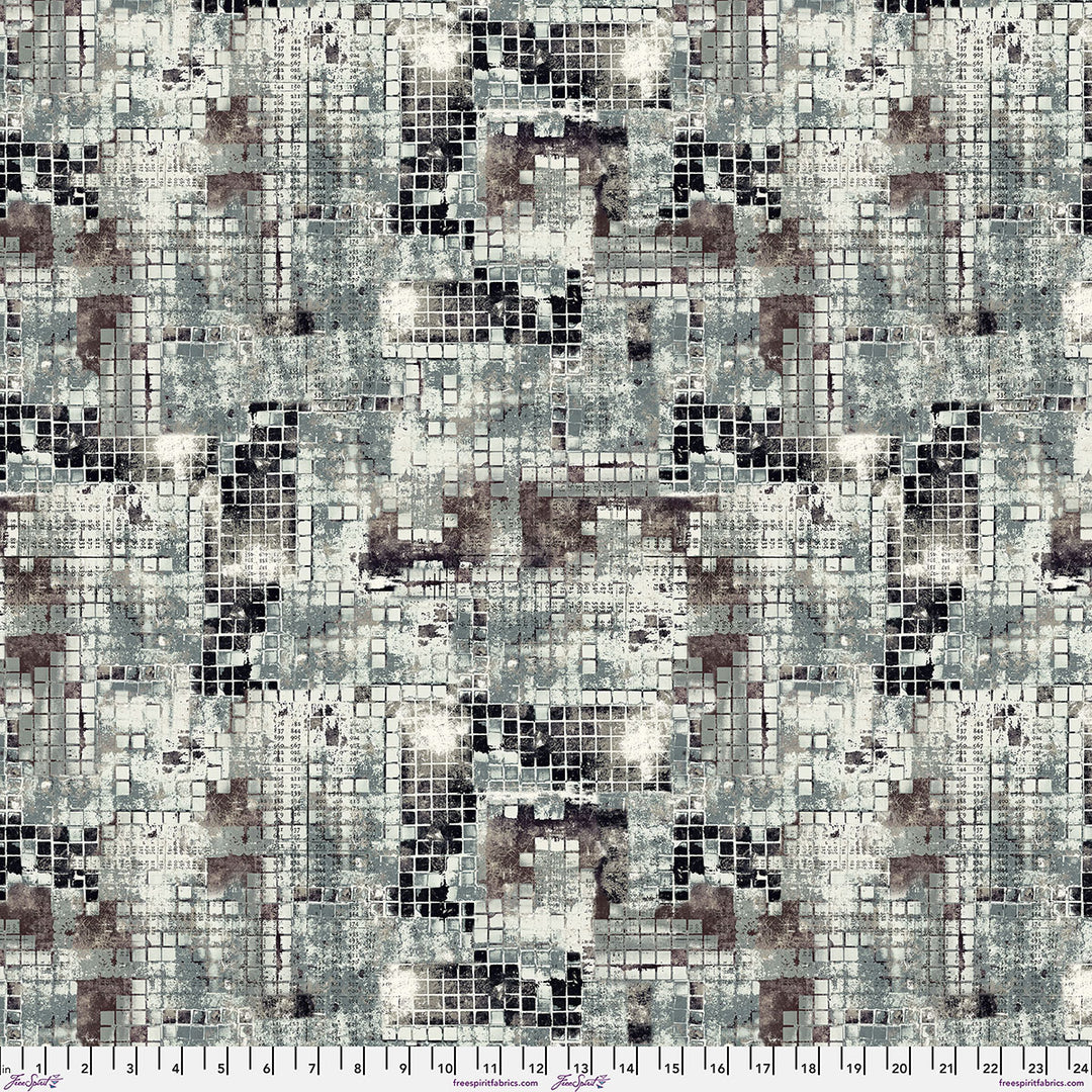 Eclectic Elements Contrast Underground -tilkkukangas, harmaa musta ruskea mosaiikkikuvio, Tim Holtz FreeSpirit Fabrics