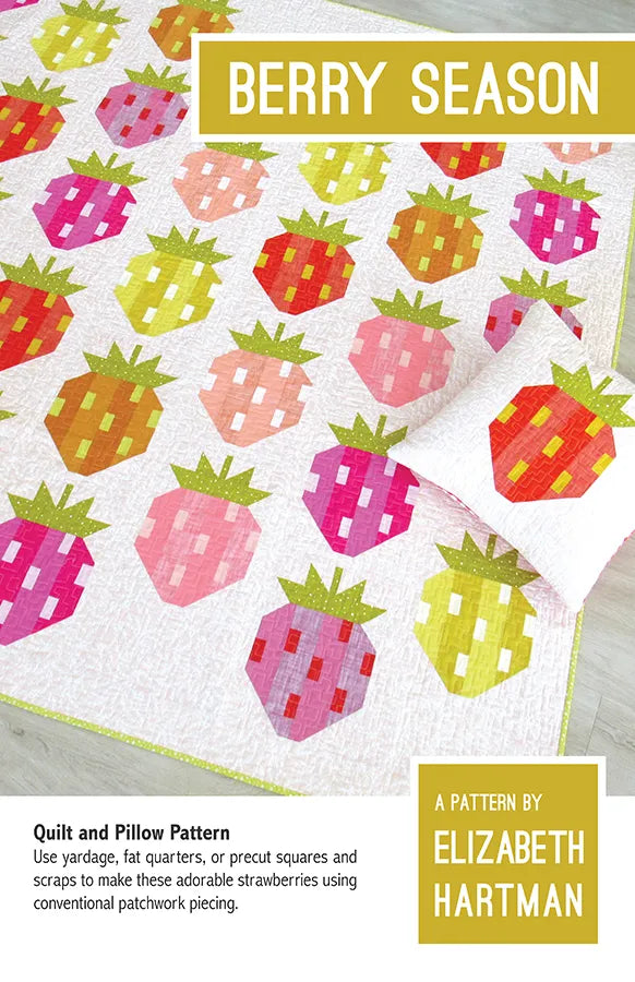 Elizabeth Hartman Berry Season EH-073 tilkkutyöohje – mansikkablokeista ommeltu peitto ja tikkattu tyyny
