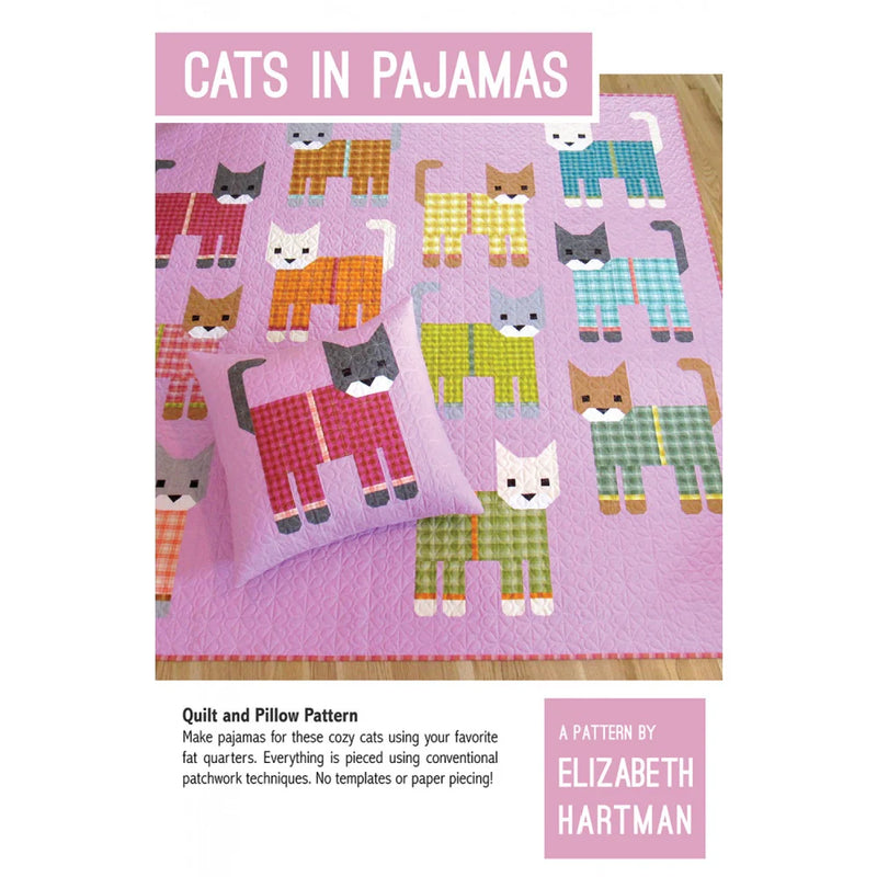 Elizabeth Hartman Cats in Pajamas EH-074 tilkkutyöohje – pyjamapukuisista kissoista ommeltu peitto ja tikkattu tyyny
