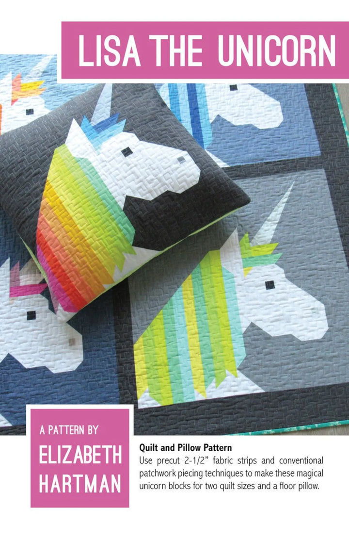 Tilkkutyöpeitto, jossa sateenkaaren värinen yksisarvinen. Malli: Lisa the Unicorn – suunnittelija Elizabeth Hartman.