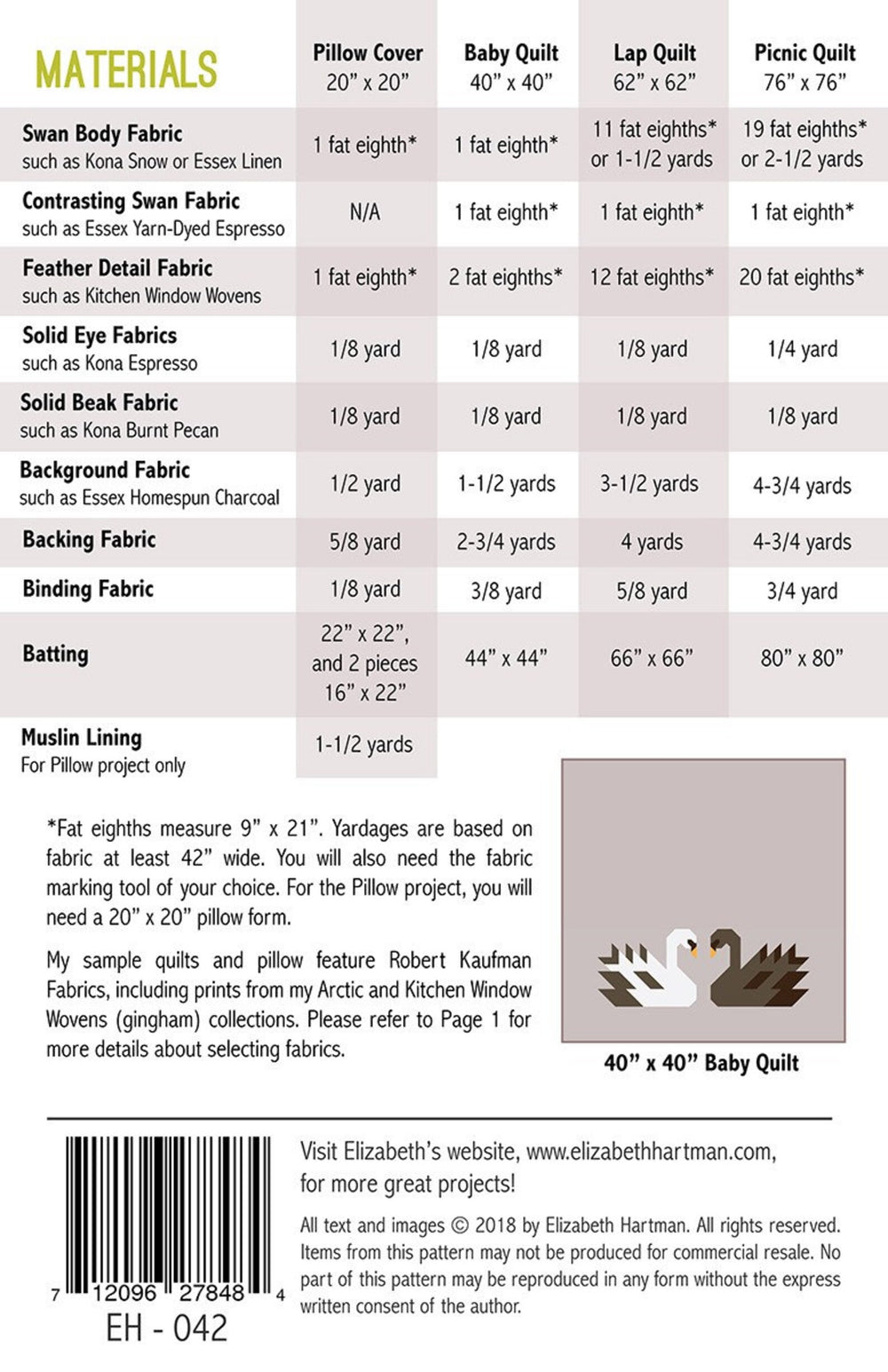 Tilkkutyöohje, jossa valkoisia joutsenblokkeja. Malli: Swan Lake – suunnittelija Elizabeth Hartman. 