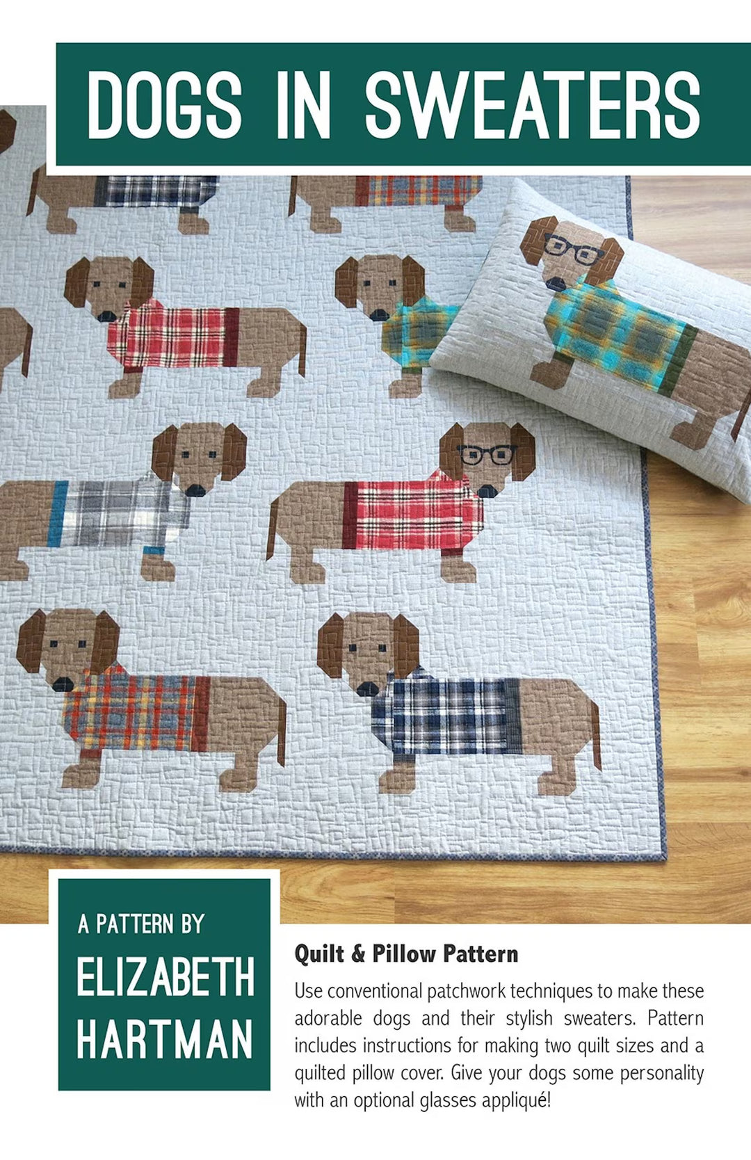 Tilkkutyöpeitto, jossa 16 mäyräkoiraa värikkäissä ruutupuseroissa. Malli: Dog in Sweaters – suunnittelija Elizabeth Hartman. Valmis koko n. 185 × 193 cm.