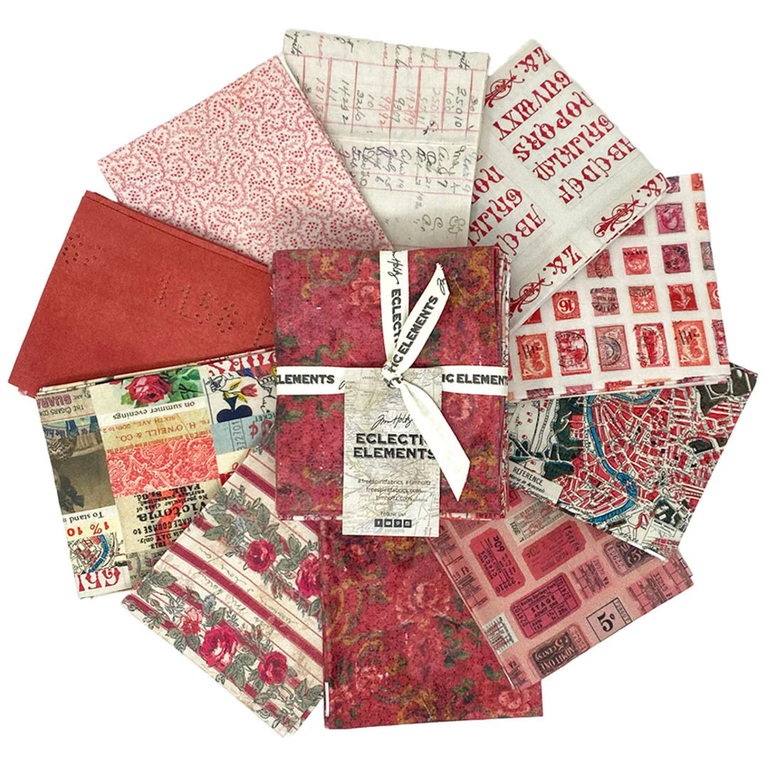 Tim Holtz Palette -kokoelman Punainen Fat Quarter -nippu, jossa 10 palan Eclectic Elements -kankaita