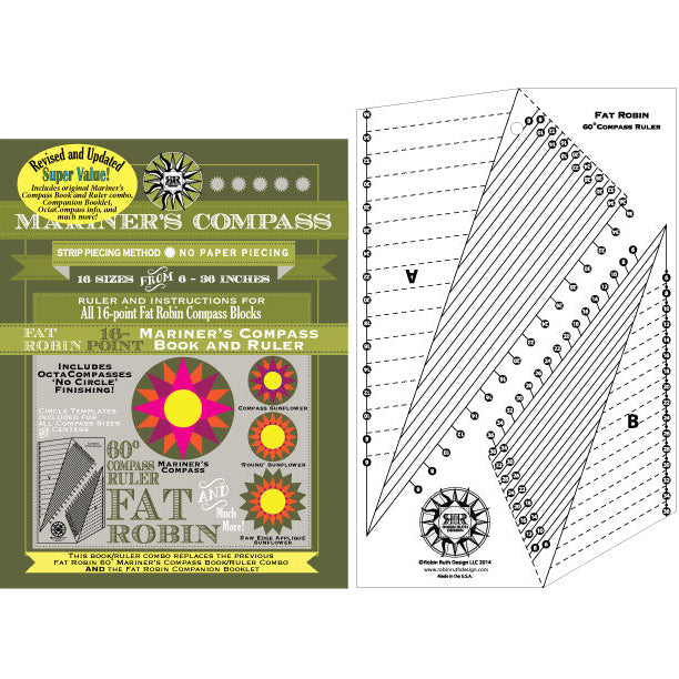 Fat Robin 16-sakarainen Mariner’s Compass -kirja ja viivainsetti – akryylisapluuna ja ohjekirja tarkkaan tilkkutyöhön.
