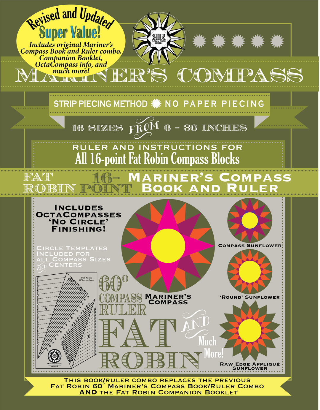 RR184 Fat Robin 16-Segment Mariner's Compass - book and ruler set