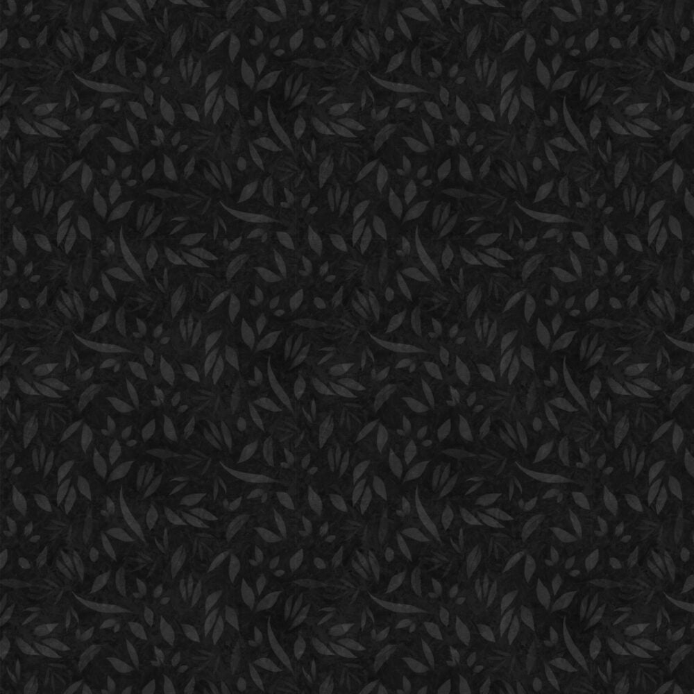 Musta lehtikuvioinen puuvillakangas Lumin Fabrics Fundamentals Foliage Charcoal W110-002-795, suunnittelija Joy Hall.