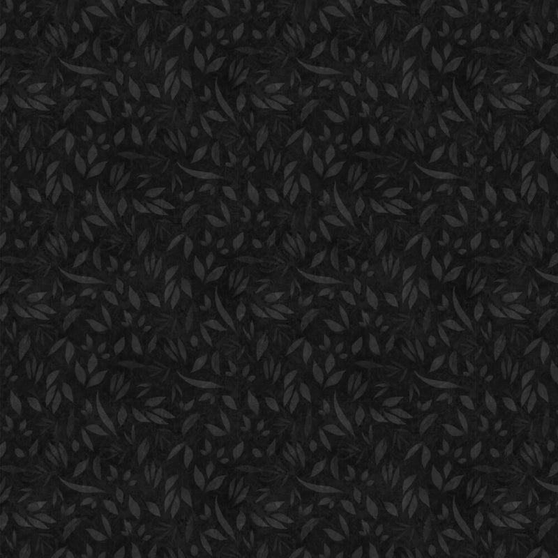 Musta lehtikuvioinen puuvillakangas Lumin Fabrics Fundamentals Foliage Charcoal W110-002-795, suunnittelija Joy Hall.