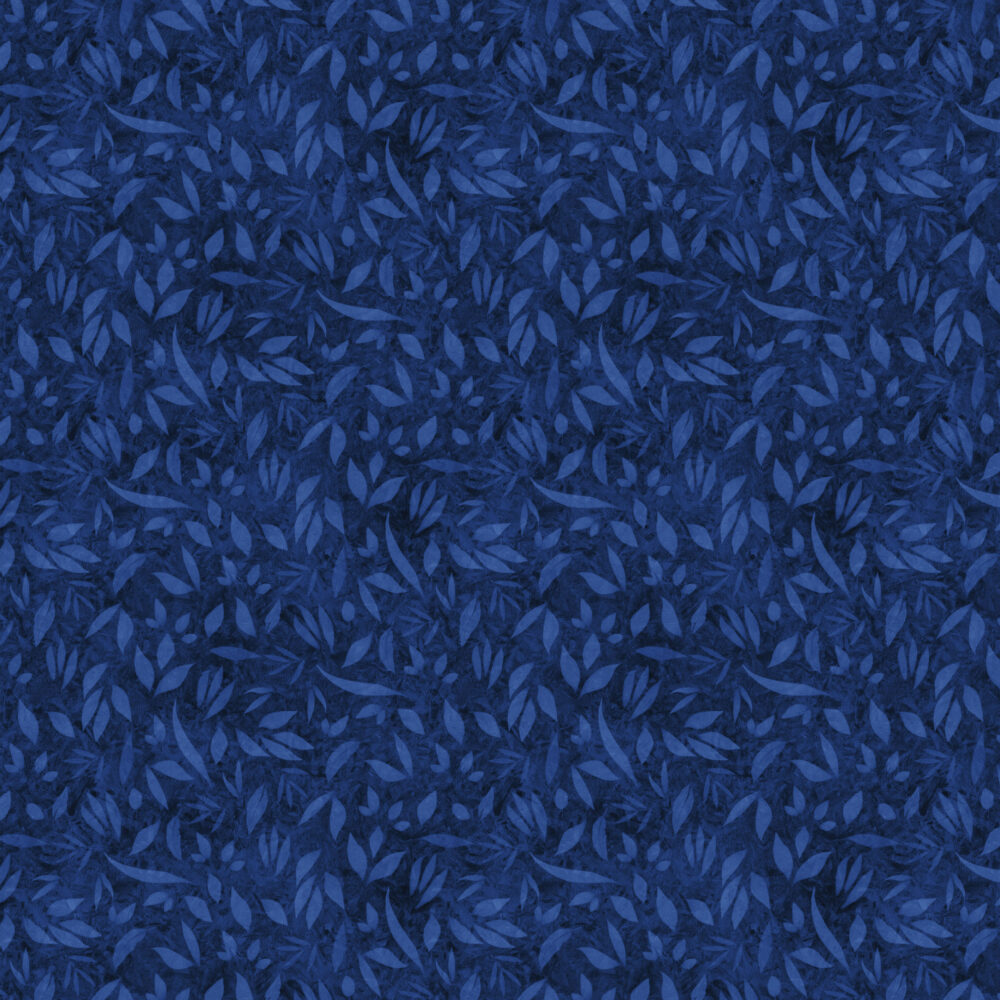 Tummansininen lehtikuvioinen puuvillakangas Lumin Fabrics Fundamentals Foliage Dark Royal W110-002-575, suunnittelija Joy Hall.