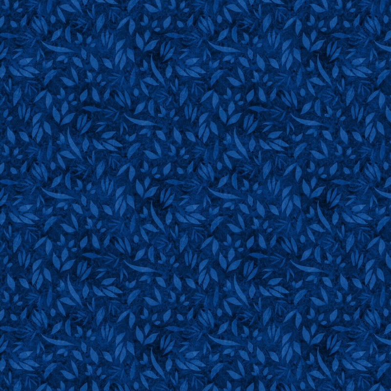 Tummansininen lehtikuvioinen puuvillakangas Lumin Fabrics Fundamentals Foliage Dark Royal W110-002-575, suunnittelija Joy Hall.