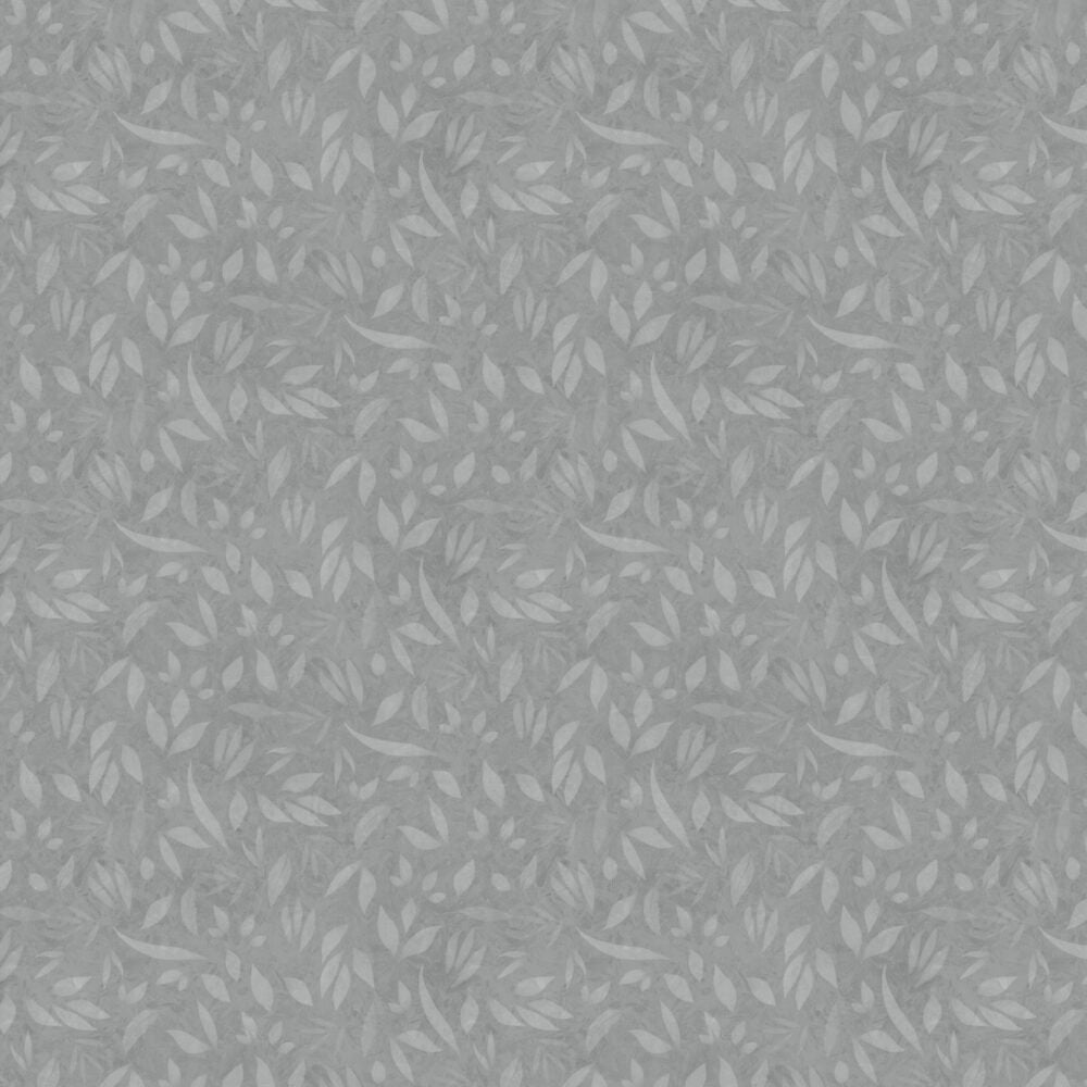 Harmaa lehtikuvioinen puuvillakangas Lumin Fabrics Fundamentals Foliage Iron W110-002-750, suunnittelija Joy Hall.