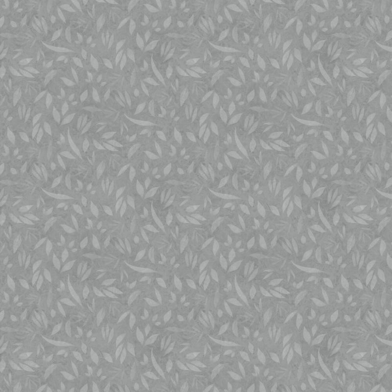 Harmaa lehtikuvioinen puuvillakangas Lumin Fabrics Fundamentals Foliage Iron W110-002-750, suunnittelija Joy Hall.