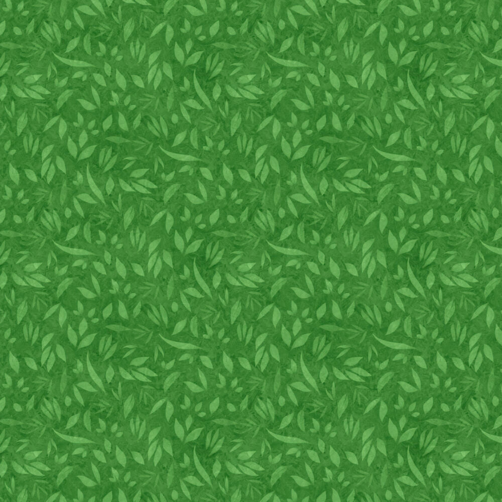 Vihreä lehtikuvioinen puuvillakangas Lumin Fabrics Fundamentals Foliage Leaf W110-002-682, suunnittelija Joy Hall.