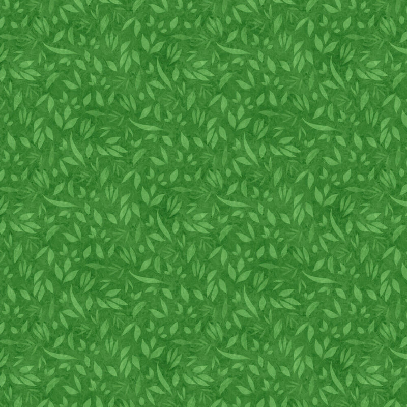 Vihreä lehtikuvioinen puuvillakangas Lumin Fabrics Fundamentals Foliage Leaf W110-002-682, suunnittelija Joy Hall.