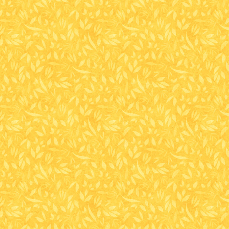 Keltainen lehtikuvioinen puuvillakangas Lumin Fabrics Fundamentals Foliage Yellow W110-002-220, suunnittelija Joy Hall.