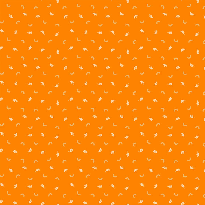 Oranssipohjainen puuvillakangas, jossa pieniä elefanttikuvioita. Ghazal Razavin suunnittelema Lucky Charms -kokoelman Elephants Orange -kangas Figo Fabricsilta.