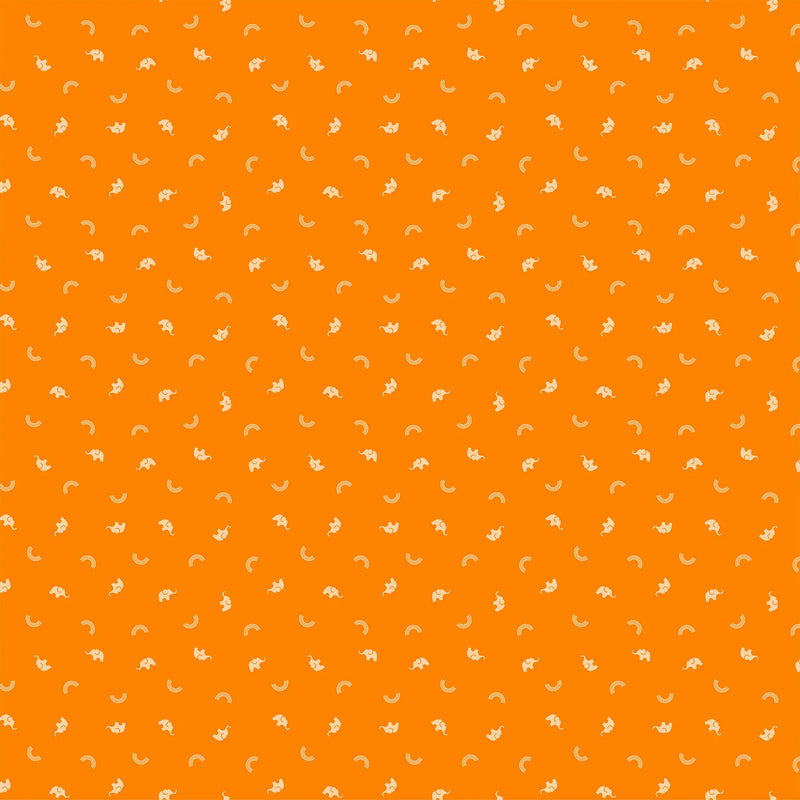 Oranssipohjainen puuvillakangas, jossa pieniä elefanttikuvioita. Ghazal Razavin suunnittelema Lucky Charms -kokoelman Elephants Orange -kangas Figo Fabricsilta.