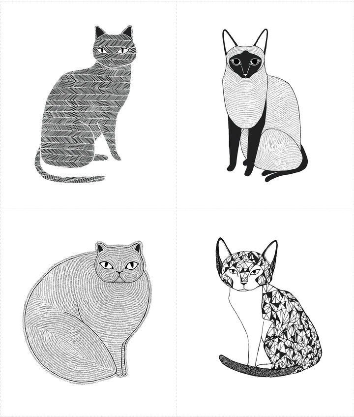 Gingiber Catnip Cat Panel 48230-11 – valkoinen puuvillakangas, jossa neljä mustavalkoista graafista kissablokkia.