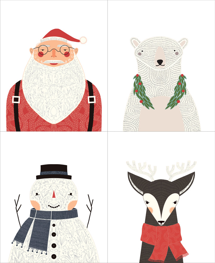 Gingiber Merrymaking 48340-11M joulupaneeli, jossa joulupukki, jääkarhu, lumiukko ja peura metallinhohtoisilla yksityiskohdilla.