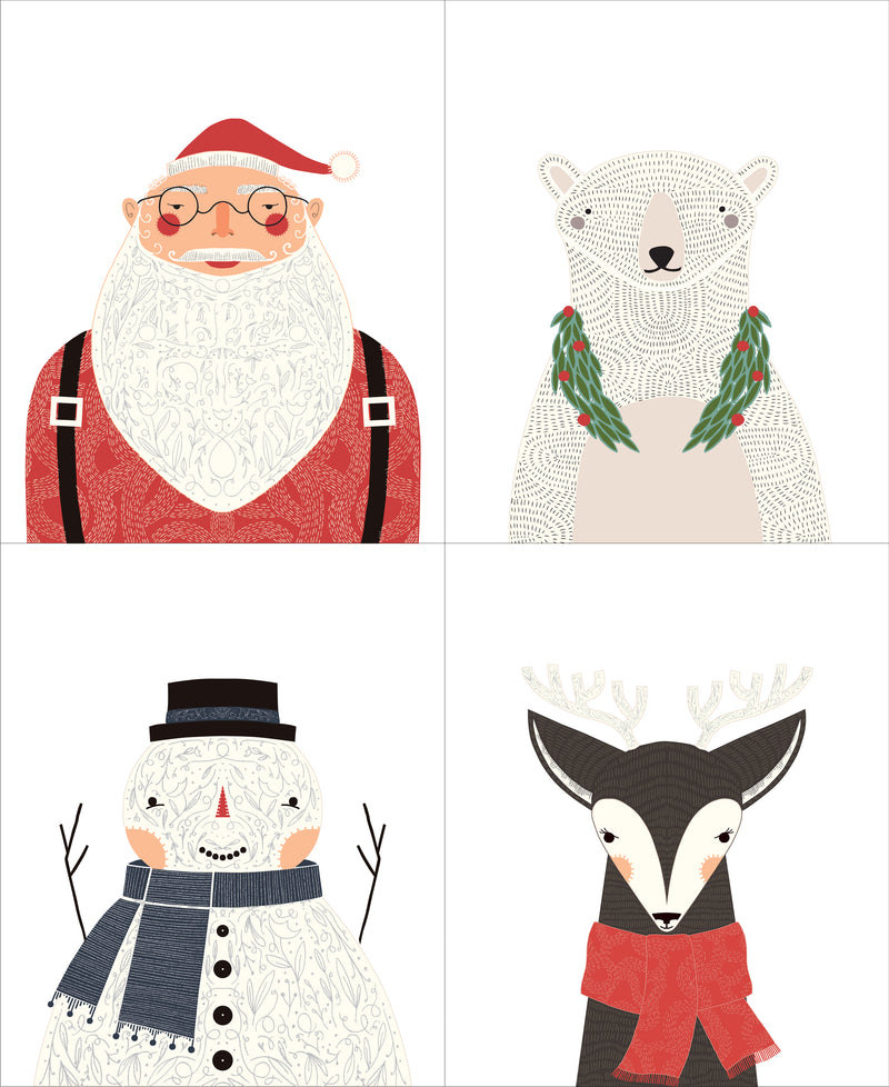 Gingiber Merrymaking 48340-11M joulupaneeli, jossa joulupukki, jääkarhu, lumiukko ja peura metallinhohtoisilla yksityiskohdilla.