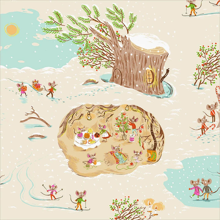 Heather Ross Favorites Christmas Mice Cream -puuvillakangas, joulupuuhissa olevia hiiriä kermanvalkoisella pohjalla