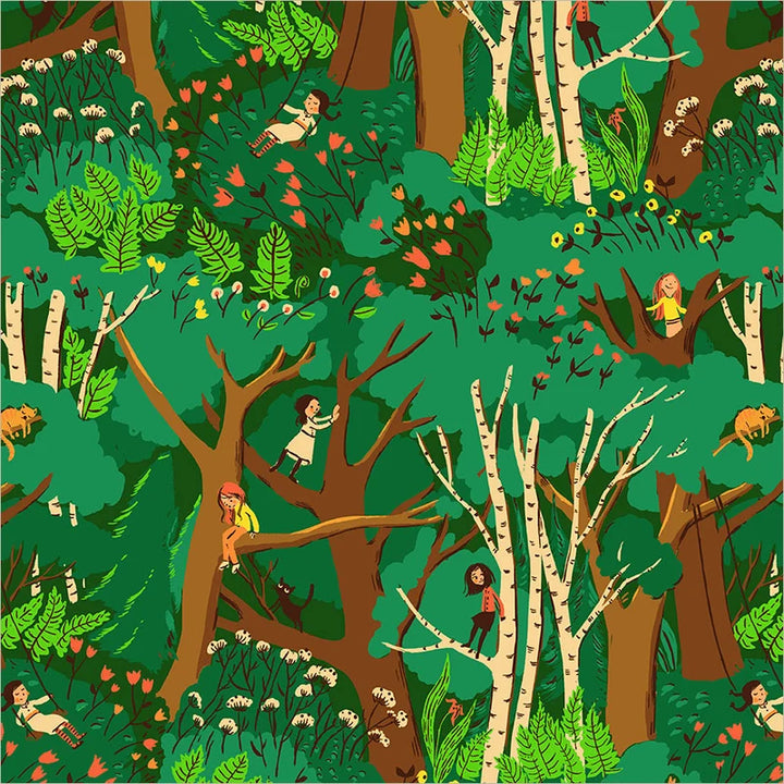 Heather Ross Favorites Climbing Trees Jade -puuvillakangas, puunrunkoja ja lehvästöä jadenvihreällä pohjalla