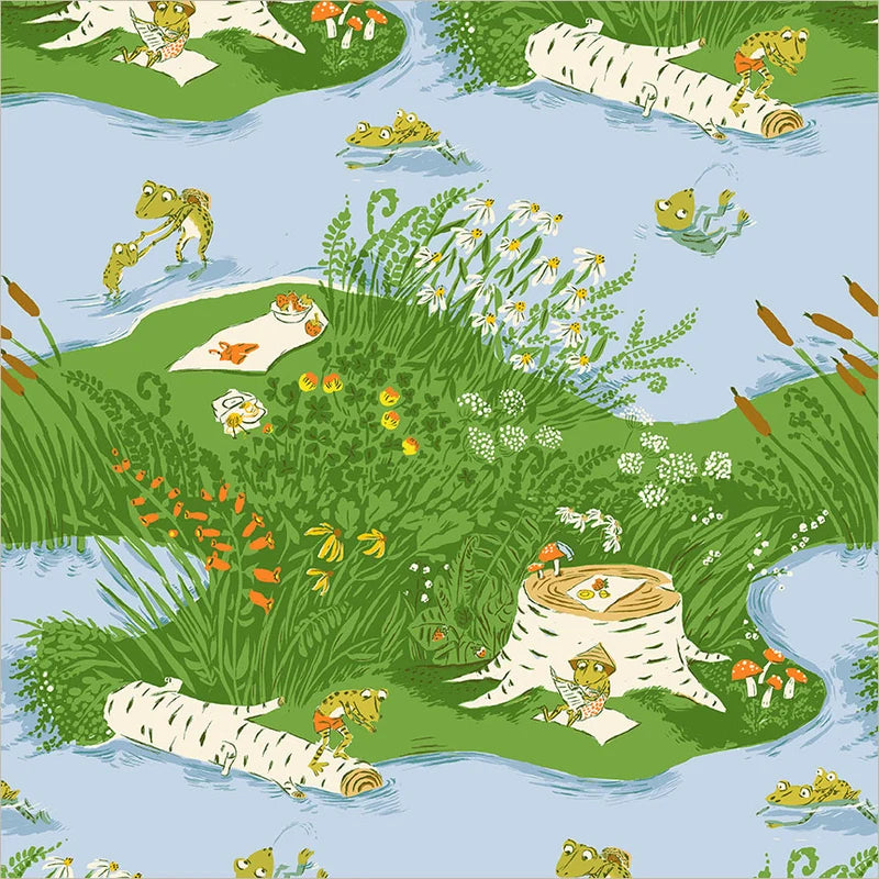 Puuvillakangas, jossa sammakoita piknikillä vihreällä lammensaarella koivunrunkojen, päivänkakkaroiden ja kaislojen keskellä – Heather Ross Frog Pond 37022D-10