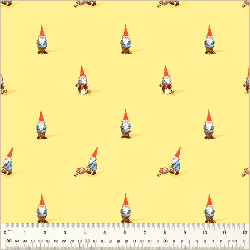 Heather Ross Favorites Gnomes Yellow -puuvillakangas, tonttuhahmoja keltaisella pohjalla