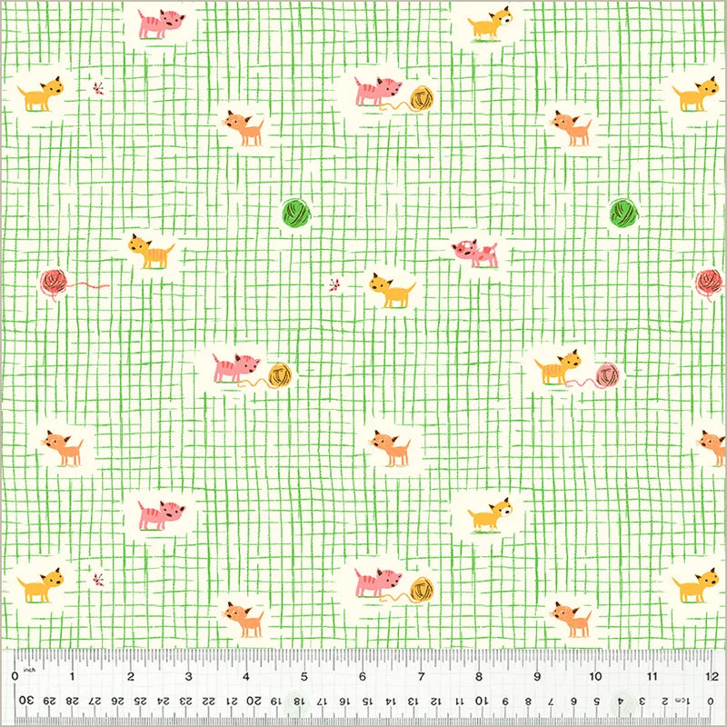 Heather Ross Favorites Kitten Plaid Green -puuvillakangas, kissan- ja koiranpentuja lankakerineen vihreällä ruutukuviolla