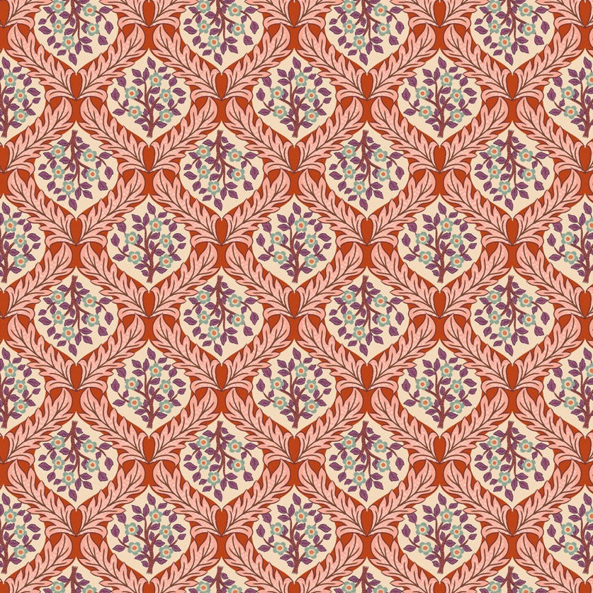 Lewis&Irene kankaiden Isabella kokoelman Hidcote Tree on Terracotta A853.2 puuvillakangas, geometriset kukkakuviot punaisella pohjalla