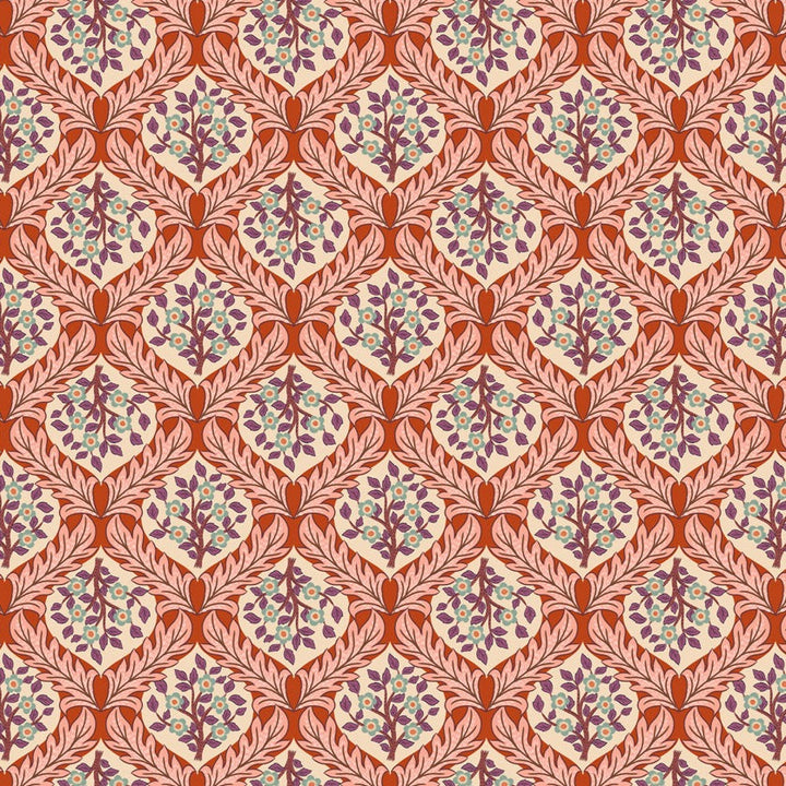 Lewis&Irene kankaiden Isabella kokoelman Hidcote Tree on Terracotta A853.2 puuvillakangas, geometriset kukkakuviot punaisella pohjalla