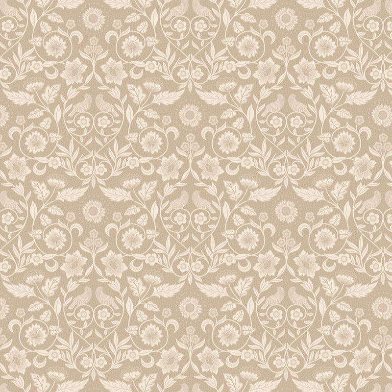 Lewis and Irene kankaiden Isabella kokoelman Isabella Small Taupe A854.2 puuvillakangas, vaaleat kukat ja linnut beesilla pohjalla