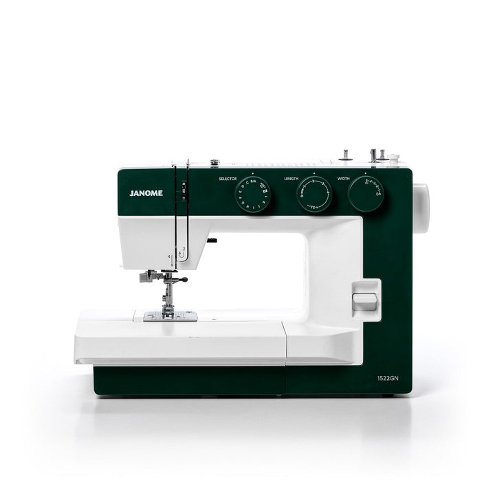 Janome 1522 Green -mekaaninen ompelukone, jossa 22 ommelta, säädettävä paininjalan puristus ja leveä vapaavarsipöytä. Täydellinen ompelukone kaikenlaisiin ompeluprojekteihin.