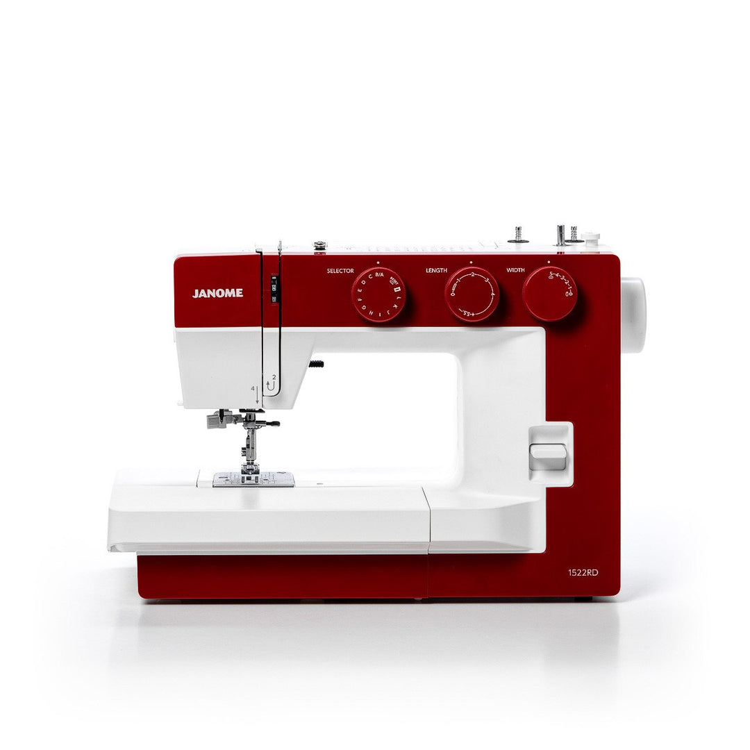 Janome 1522 Red -mekaaninen ompelukone, jossa 22 ommelta, säädettävä paininjalan puristus ja leveä vapaavarsipöytä. Täydellinen ompelukone kaikenlaisiin ompeluprojekteihin.