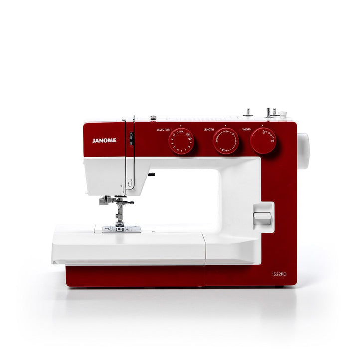Janome 1522 Red -mekaaninen ompelukone, jossa 22 ommelta, säädettävä paininjalan puristus ja leveä vapaavarsipöytä. Täydellinen ompelukone kaikenlaisiin ompeluprojekteihin.