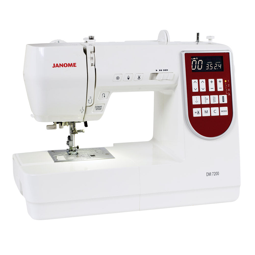 Janome Decor Monogram 7200 - ompelukone, jossa LCD-näyttö ja lisätaso, sopii tilkkuiluun ja vaateompeluun.