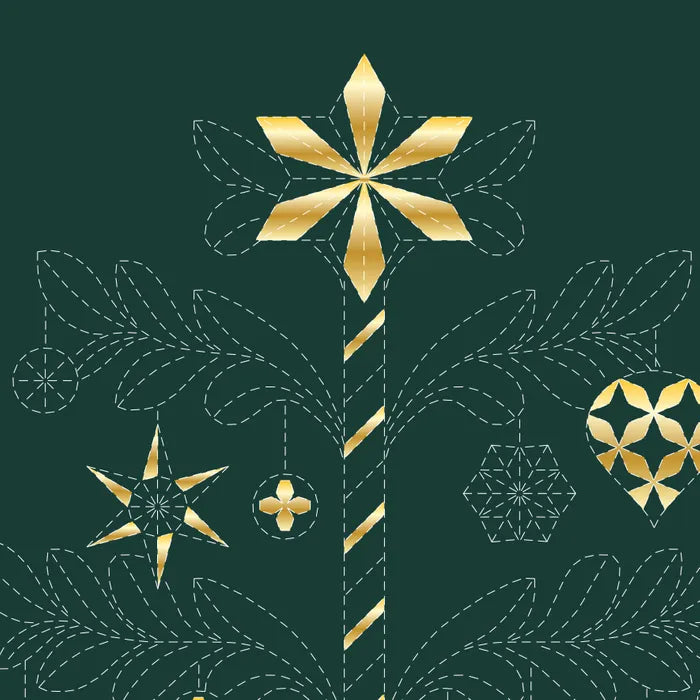 Vihreä-kultainen joulu-aiheinen sashiko-tyylinen kangaspaneeli, jossa geometrisia joulukuusikuvioita