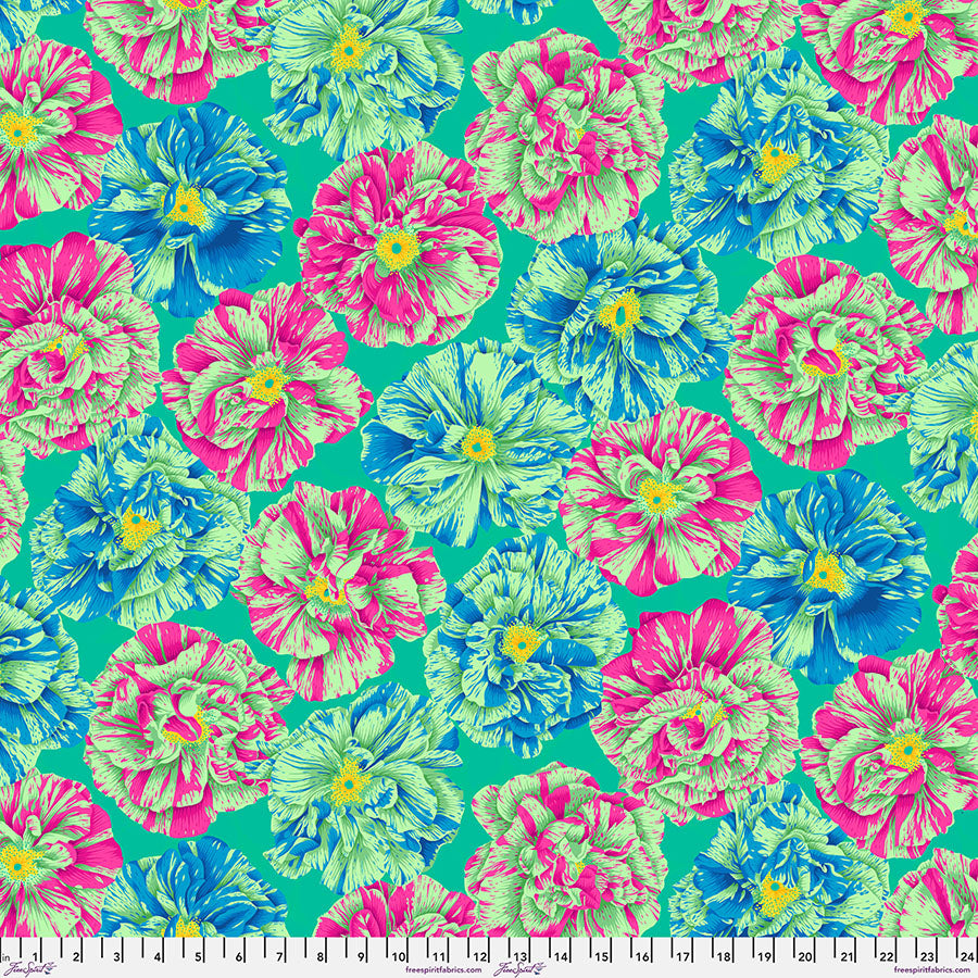 Kaffe Fassett Bouffant Cool -kangas, suuret pinkit, siniset ja vihreät kukat kirkkaan turkoosilla pohjalla – PWPJ061.COOL