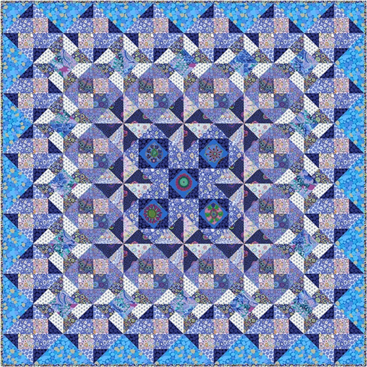 Kaffe Fassett Collective - Cathedral Tiles Delft tilkkutyöpakkaus, vuoden 2024 mysteeritilkkutyö, valmiin peiton koko 76" x 76", edistyneille aloittelijoille, sisältää yli 10,5 metriä Kaffe Fassettin kankaita.