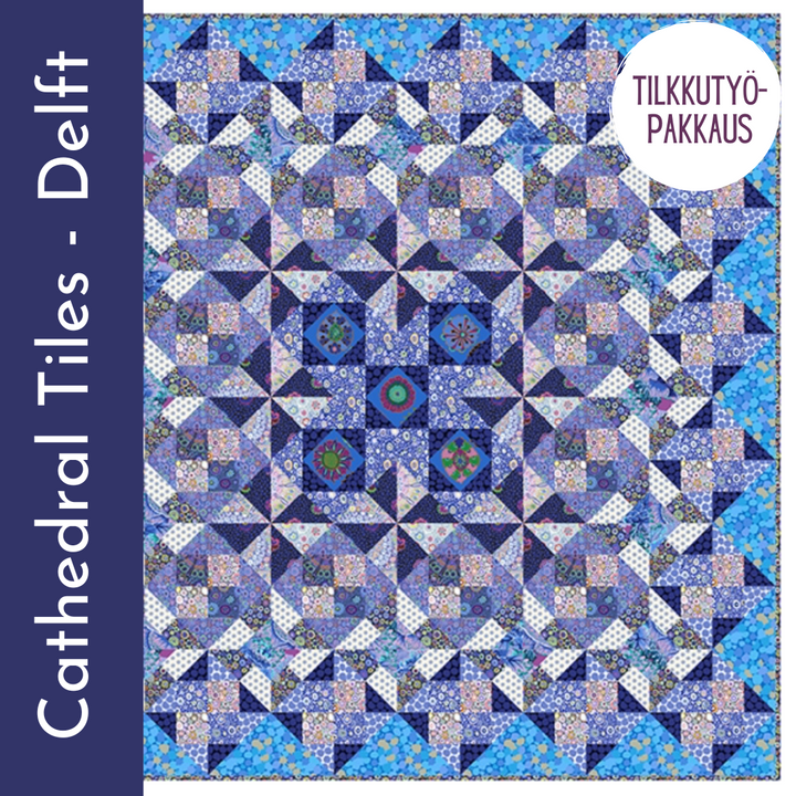 Kaffe Fassett Collective - Cathedral Tiles Delft tilkkutyöpakkaus, vuoden 2024 mysteeritilkkutyö, valmiin peiton koko 76" x 76", edistyneille aloittelijoille, sisältää yli 10,5 metriä Kaffe Fassettin kankaita.