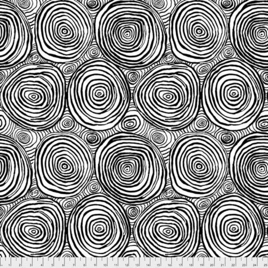 Kaffe Fassett Collectiven Stash kokoelmasta Onion Rings puuvillakangas, musta-valkoinen