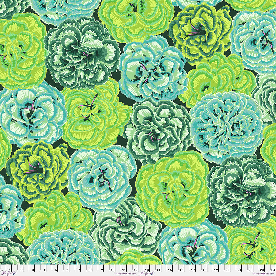 Kaffe Fassett Collective - Picotee Carnations Green PWPJ133.GREEN puuvillakangas, August 2025 -kokoelma, tilkkutyö- ja käsityökangas. Isot vihreät kukat